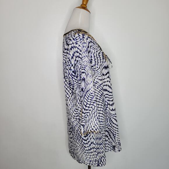 Soft Surroundings South Beach Tunic Beaded Lace Up Blue White Women Large - Picture 3 of 15